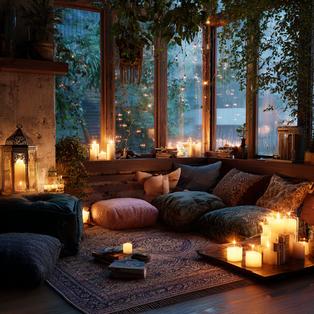 Затишний простір для домашніх практик з килимком та свічками